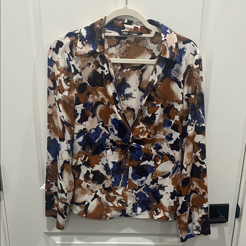 Zara Women's Artistic Print Blouse - Blue and Brown